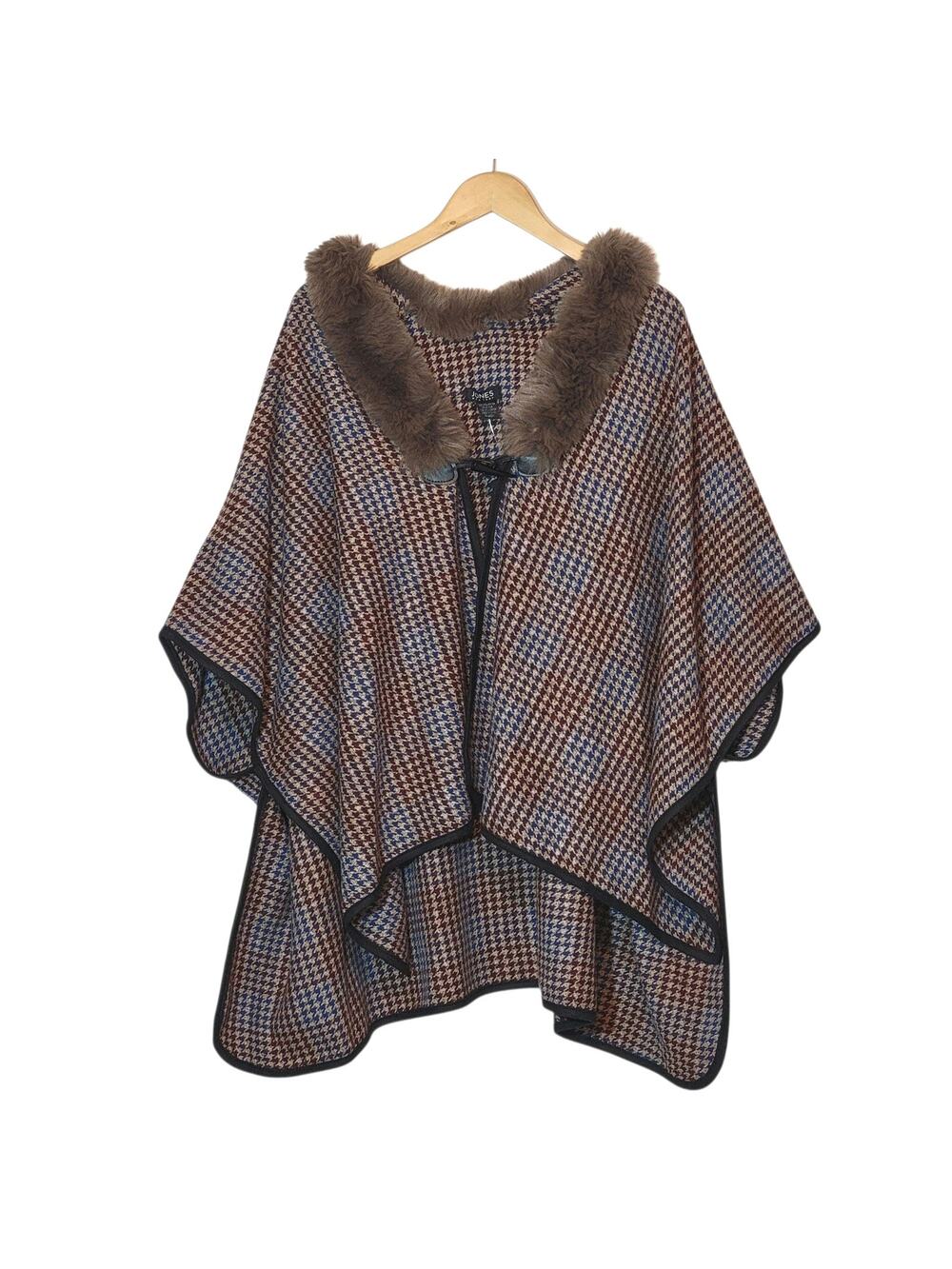 Jones New York Houndstooth Cape Faux Fur Collar Brown and Blue Classic Fall OS